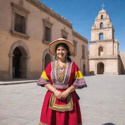 A woman from Potosi, wearing traditional Bolivian attire, standing in front of architectural landmarks of the historic city of Potosi under a bright sunny day.