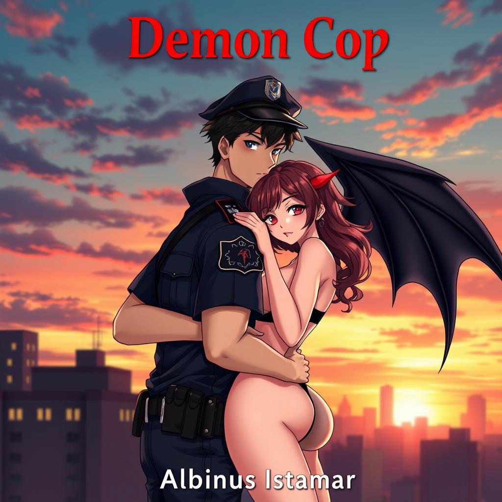 An anime-style image of a handsome man in a police uniform with black devil wings on his back, embracing a pretty and sexy girl