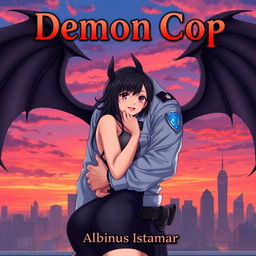 An anime-style image of a handsome man in a police uniform with black devil wings on his back, embracing a pretty and sexy girl