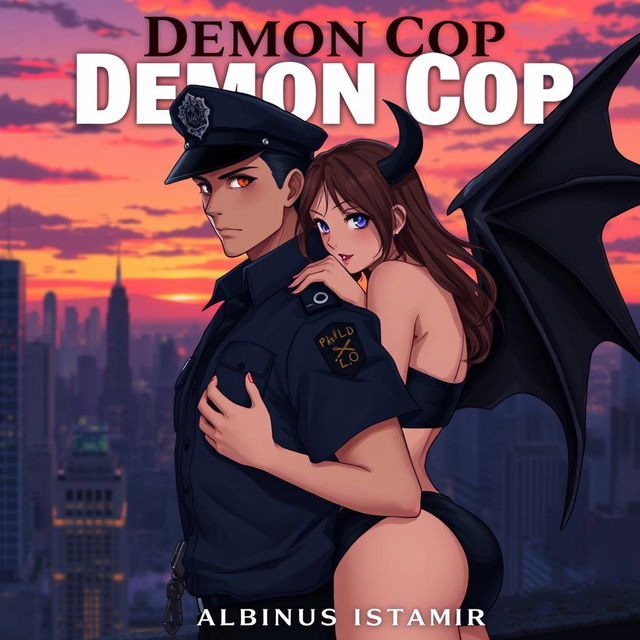 An anime-style image of a handsome man in a police uniform with black devil wings on his back, embracing a pretty and sexy girl