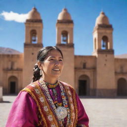 A woman from Potosi, wearing traditional Bolivian attire, standing in front of architectural landmarks of the historic city of Potosi under a bright sunny day.