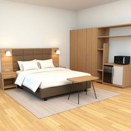 A 3D visualization of a hotel room in a budget 3-star hotel