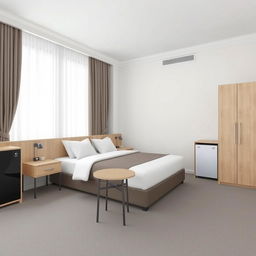 A 3D visualization of a hotel room in a budget 3-star hotel