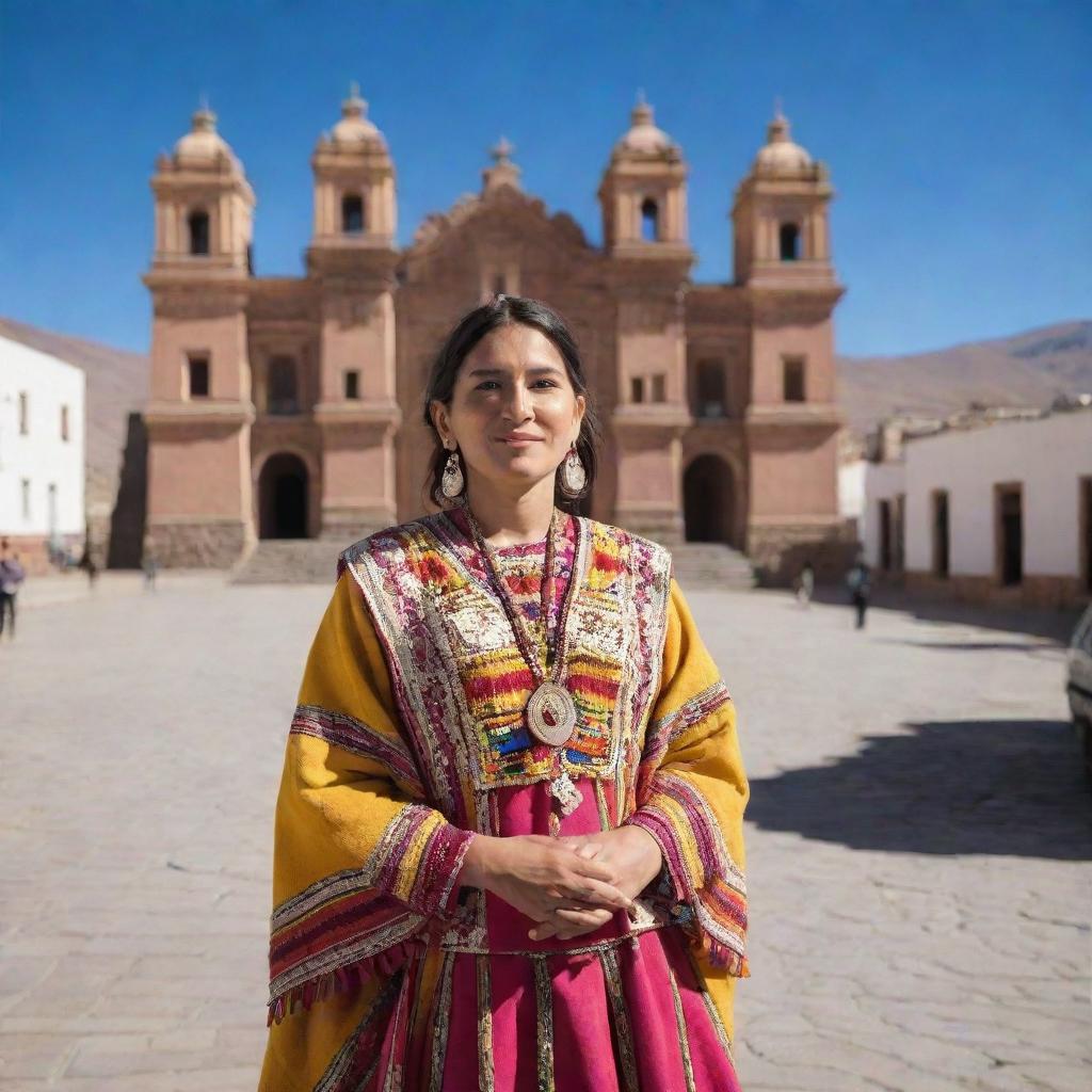 A woman from Potosi, wearing traditional Bolivian attire, standing in front of architectural landmarks of the historic city of Potosi under a bright sunny day.