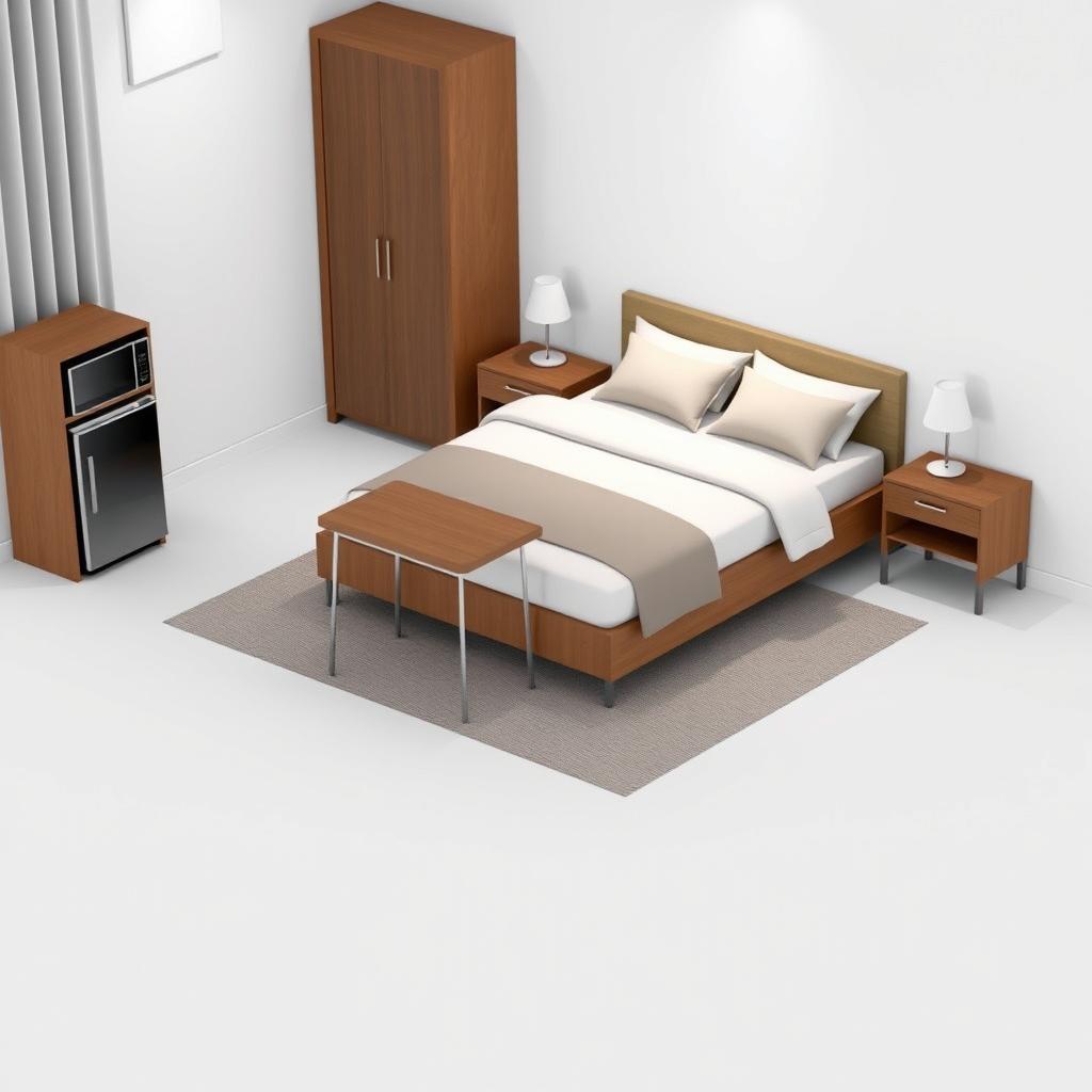 A 3D visualization of a hotel room in a budget 3-star hotel