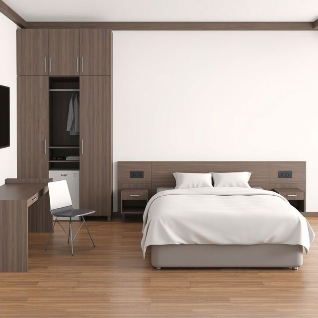 A 3D visualization of a hotel room in a budget 3-star hotel