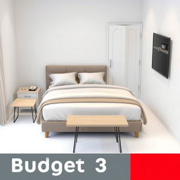 A 3D visualization of a hotel room in a budget 3-star hotel