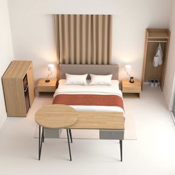 A 3D visualization of a hotel room in a budget 3-star hotel