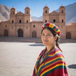 A woman from Potosi, wearing traditional Bolivian attire, standing in front of architectural landmarks of the historic city of Potosi under a bright sunny day.