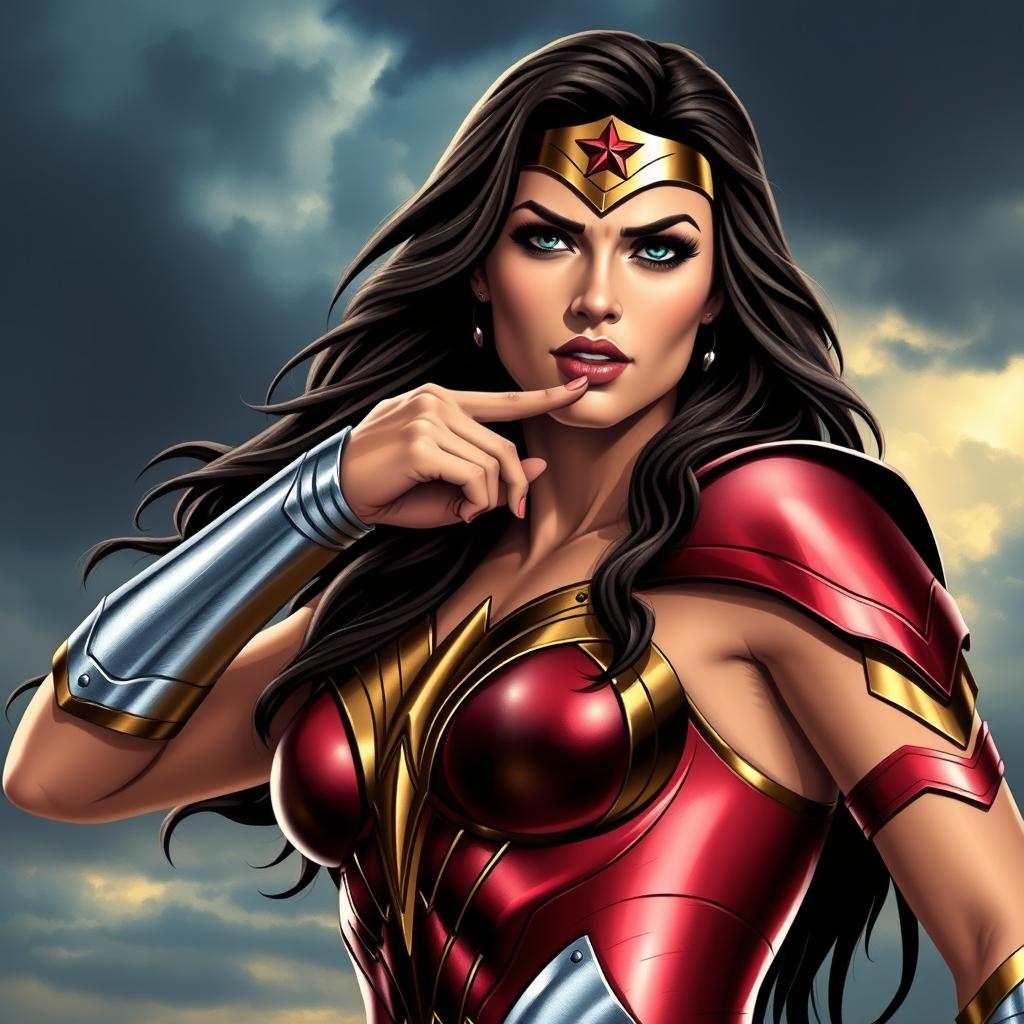 Wonder Woman biting her lip, depicted with a strong and confident expression