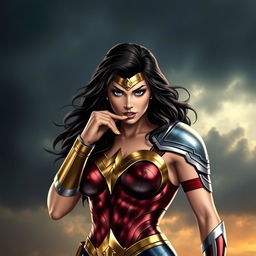 Wonder Woman biting her lip, depicted with a strong and confident expression