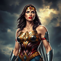 Wonder Woman biting her lip, depicted with a strong and confident expression