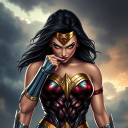 Wonder Woman biting her lip, depicted with a strong and confident expression