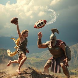 An epic scene depicting David slaying Goliath with a USA football