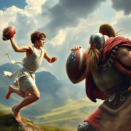 An epic scene depicting David slaying Goliath with a USA football