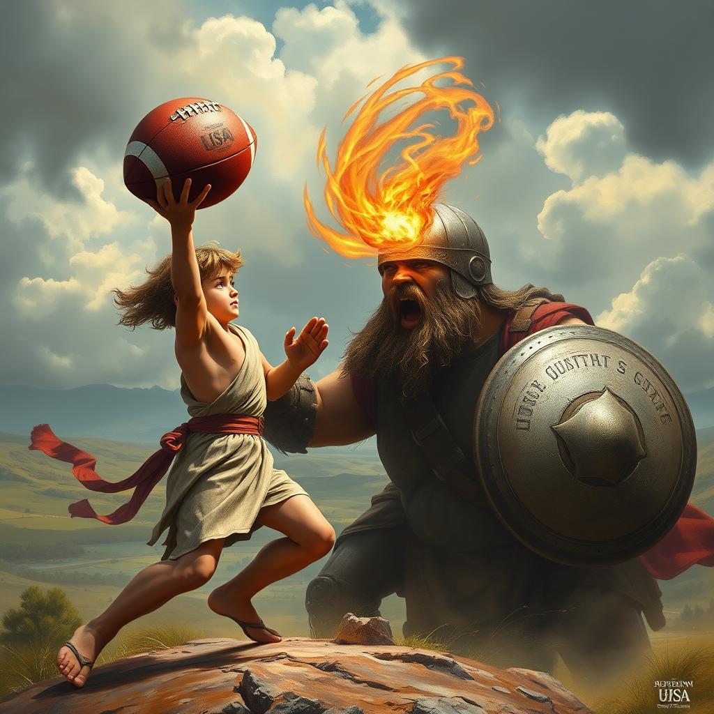 An epic scene depicting David slaying Goliath with a USA football