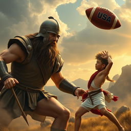 An epic scene depicting David slaying Goliath with a USA football