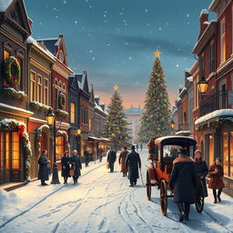 A charming Victorian street scene set during Christmas time, blanketed in a soft layer of snow