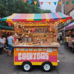 A vibrant food cart adorned with festival-themed decorations such as colorful fairy lights, banners, and streamers, serving delectable street eats