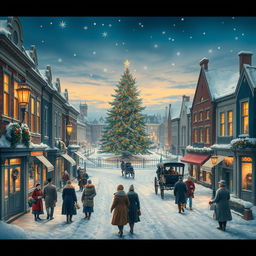 A charming Victorian street scene set during Christmas time, blanketed in a soft layer of snow