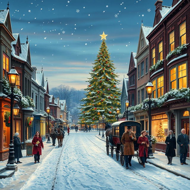 A charming Victorian street scene set during Christmas time, blanketed in a soft layer of snow