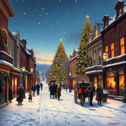 A charming Victorian street scene set during Christmas time, blanketed in a soft layer of snow