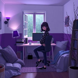 A cozy room with white and purple walls, softly illuminated by low light and a purple lamp