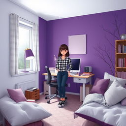 A cozy room with white and purple walls, softly illuminated by low light and a purple lamp