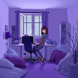 A cozy room with white and purple walls, softly illuminated by low light and a purple lamp