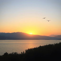 A serene landscape featuring a beautiful sunset over a calm lake, with mountains in the background and a few birds flying in the sky