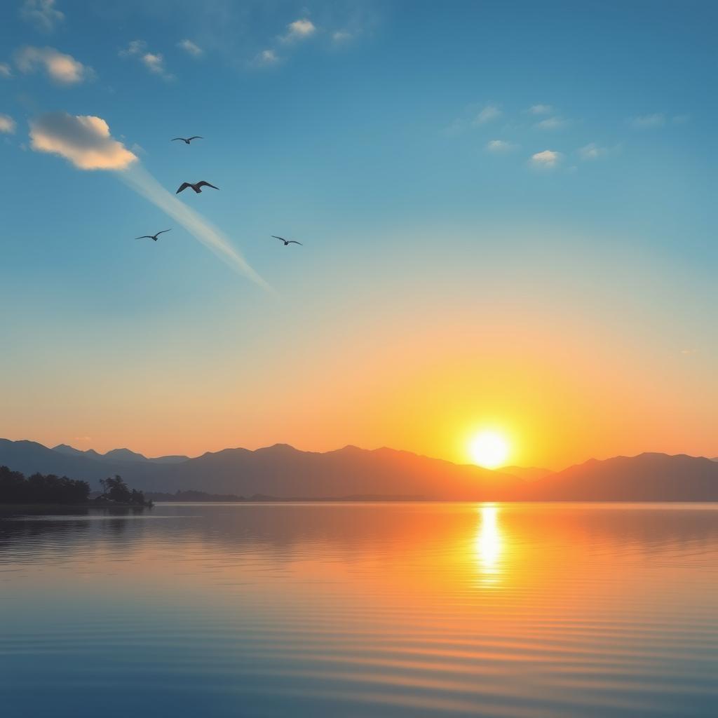 A serene landscape featuring a beautiful sunset over a calm lake, with mountains in the background and a few birds flying in the sky