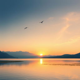 A serene landscape featuring a beautiful sunset over a calm lake, with mountains in the background and a few birds flying in the sky