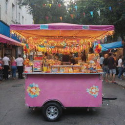 A vibrant food cart adorned with festival-themed decorations such as colorful fairy lights, banners, and streamers, serving delectable street eats