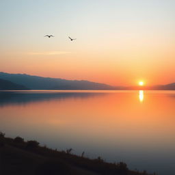 A serene landscape featuring a beautiful sunset over a calm lake, with mountains in the background and a few birds flying in the sky