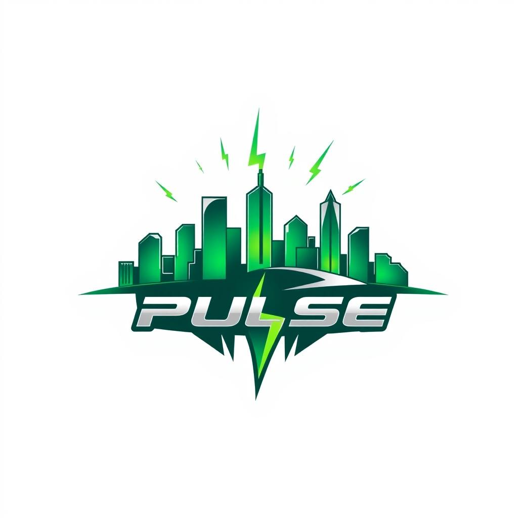 Create a symbol for the Pulse car company logo that is a stylized representation of a city skyline with abstract elements of lightning bolts or energy waves