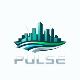 Create a symbol for the Pulse car company logo that is a stylized representation of a city skyline with abstract elements of lightning bolts or energy waves