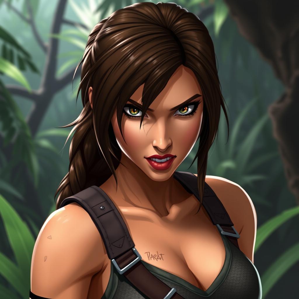 Lara Croft, the iconic video game character, biting her lip in a confident and slightly mischievous manner