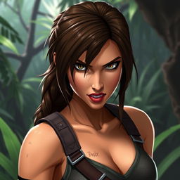 Lara Croft, the iconic video game character, biting her lip in a confident and slightly mischievous manner