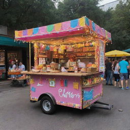 A vibrant food cart adorned with festival-themed decorations such as colorful fairy lights, banners, and streamers, serving delectable street eats