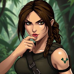 Lara Croft, the iconic video game character, biting her lip in a confident and slightly mischievous manner