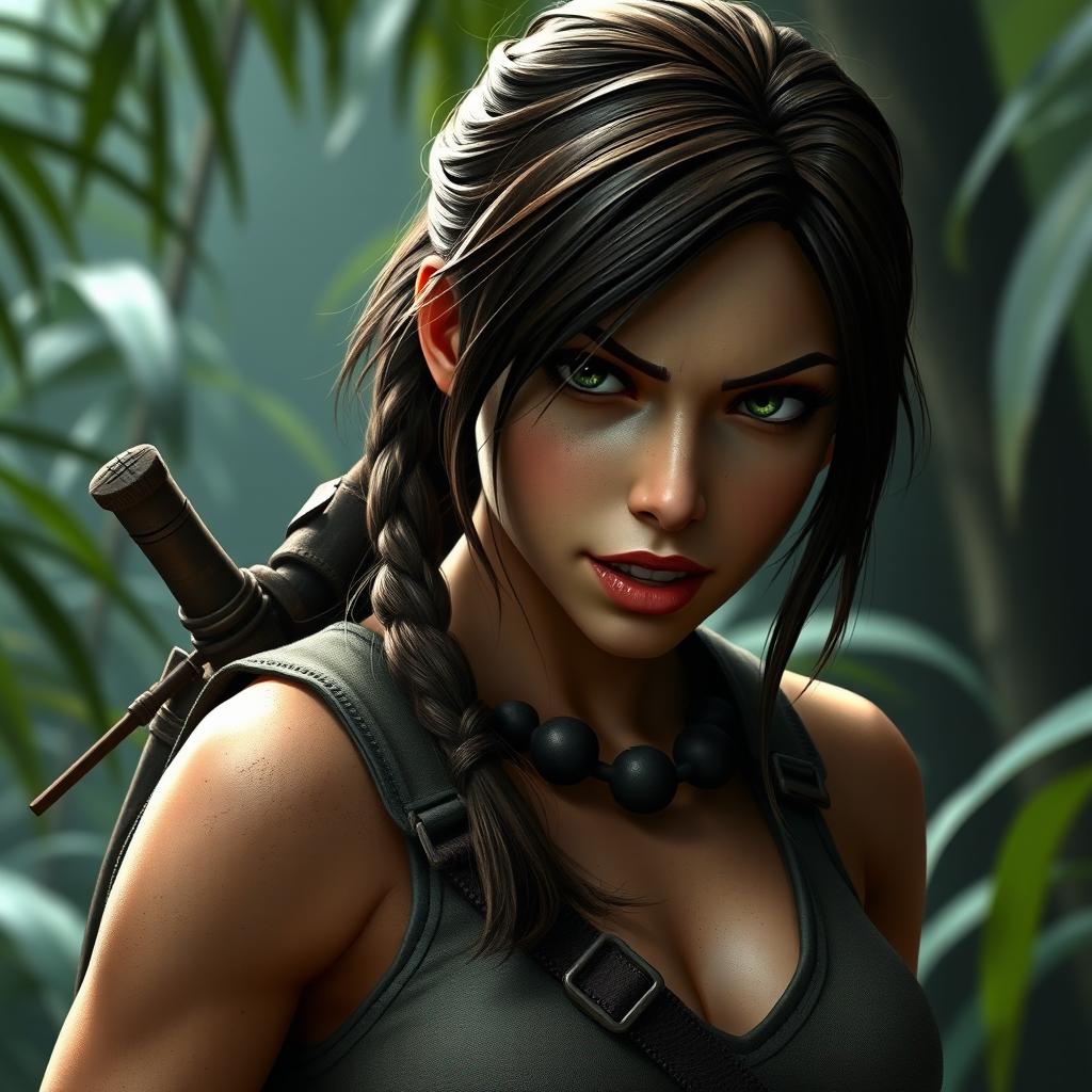 Lara Croft, the iconic video game character, biting her lip in a confident and slightly mischievous manner