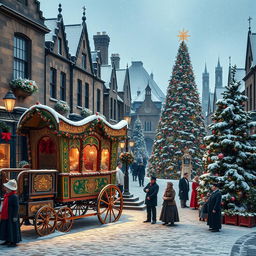 A beautiful Christmas scene set in Victorian-era Bradford town centre, covered in snow