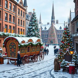 A beautiful Christmas scene set in Victorian-era Bradford town centre, covered in snow