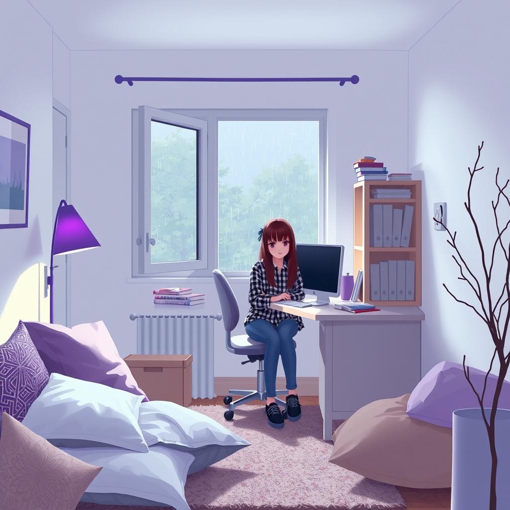 A cozy room with white and purple walls, softly illuminated by low light and a purple lamp