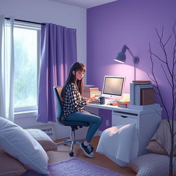 A cozy room with white and purple walls, softly illuminated by low light and a purple lamp