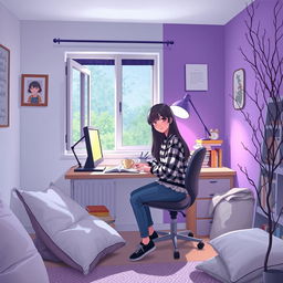 A cozy room with white and purple walls, softly illuminated by low light and a purple lamp