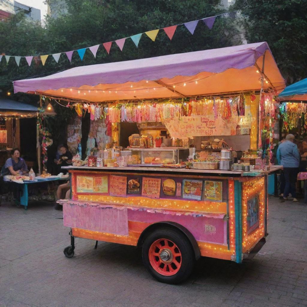 A vibrant food cart adorned with festival-themed decorations such as colorful fairy lights, banners, and streamers, serving delectable street eats