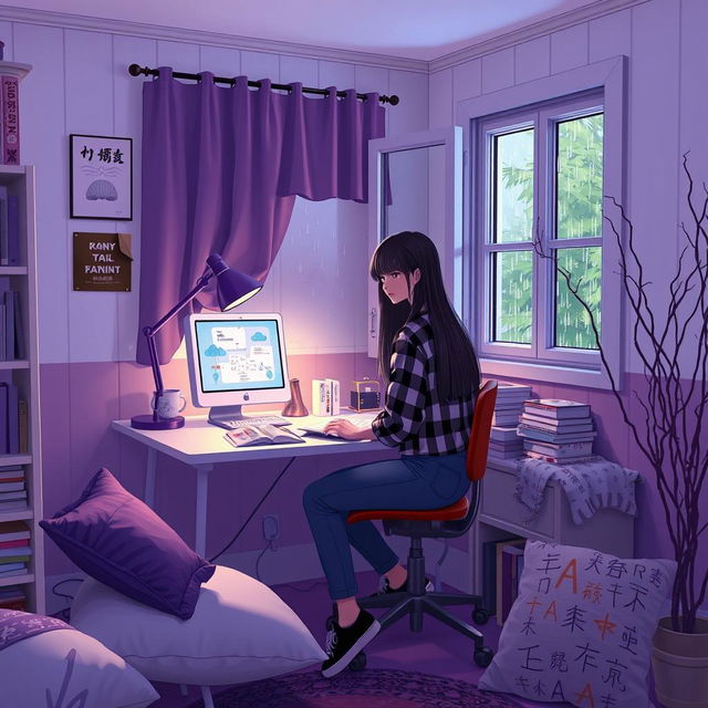 A cozy room with white and purple walls, softly illuminated by low light and a purple lamp