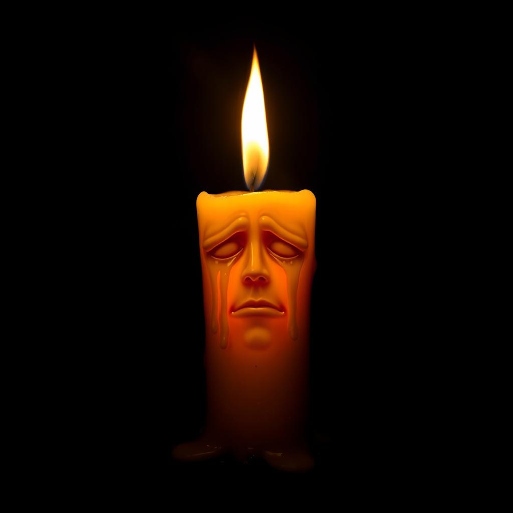 A living candle on fire, with a human-like face, weeping giant waxy tears