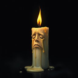 A living candle on fire, with a human-like face, weeping giant waxy tears